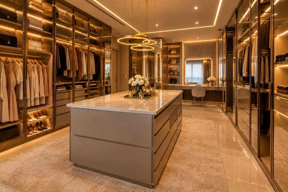 Closet com portas de vidro, ilha central e iluminação embutida