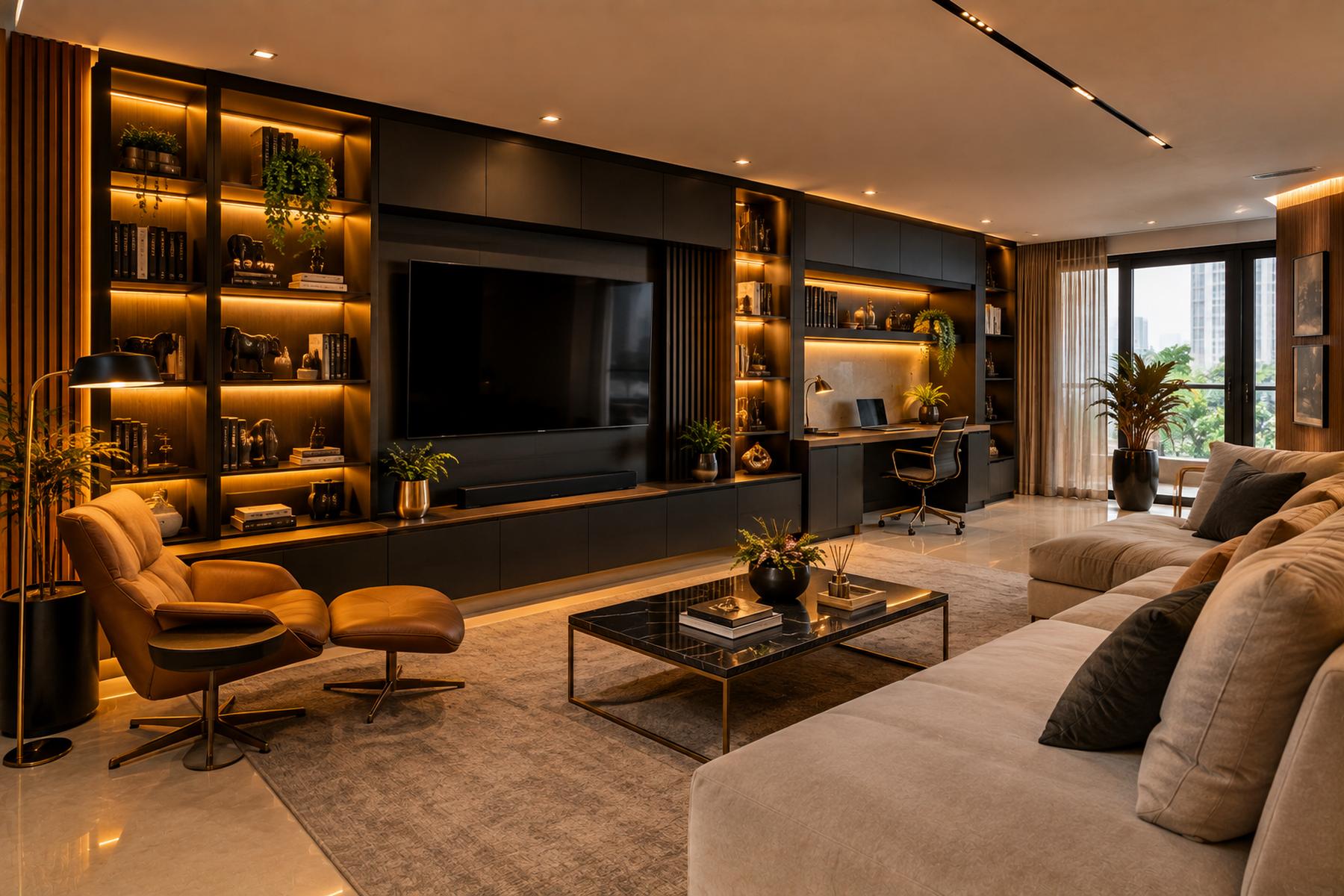 Sala com estante preta iluminada, painel de TV e home office integrados