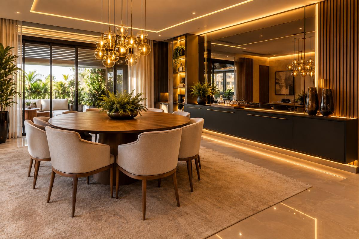 Sala de jantar com mesa redonda, buffet preto suspenso e espelho