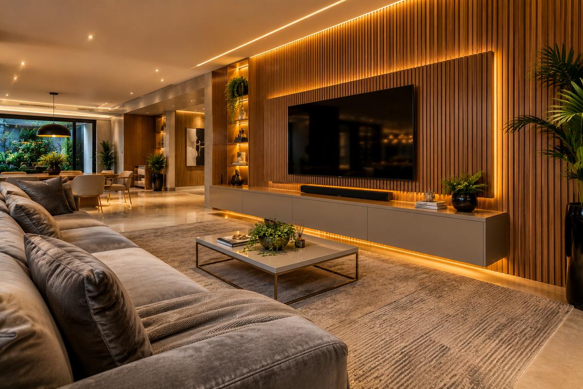 Sala com painel ripado de madeira iluminado e rack suspenso